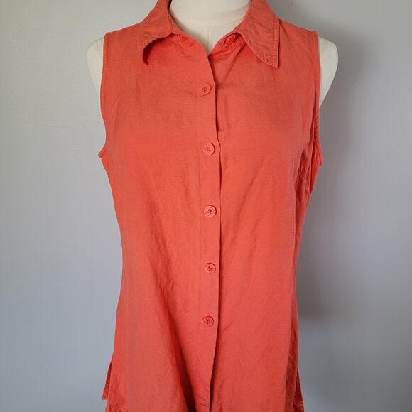 VTG Linen Blend Button Top Womens M Coral Orange Tropical Fall Halloween Boho - Picture 2 of 8